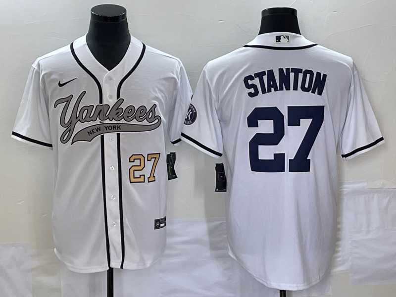 Men%27s New York Yankees #27 Giancarlo Stanton Number White With Patch Cool Base Stitched Baseball Jersey